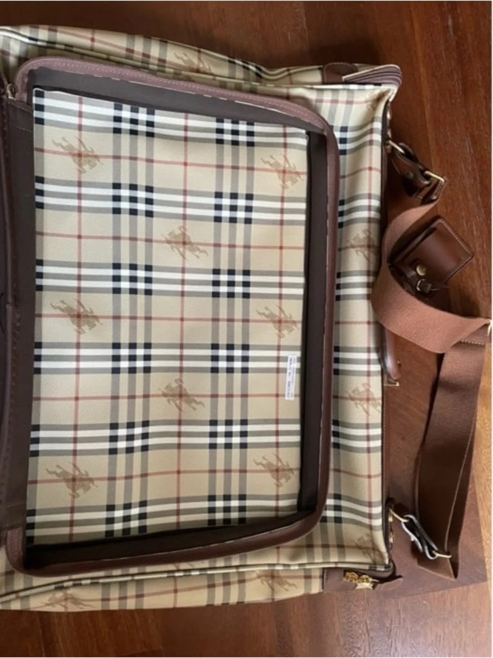 Burberry Beige Tan Check Travel Bag with Brown Leather Trim